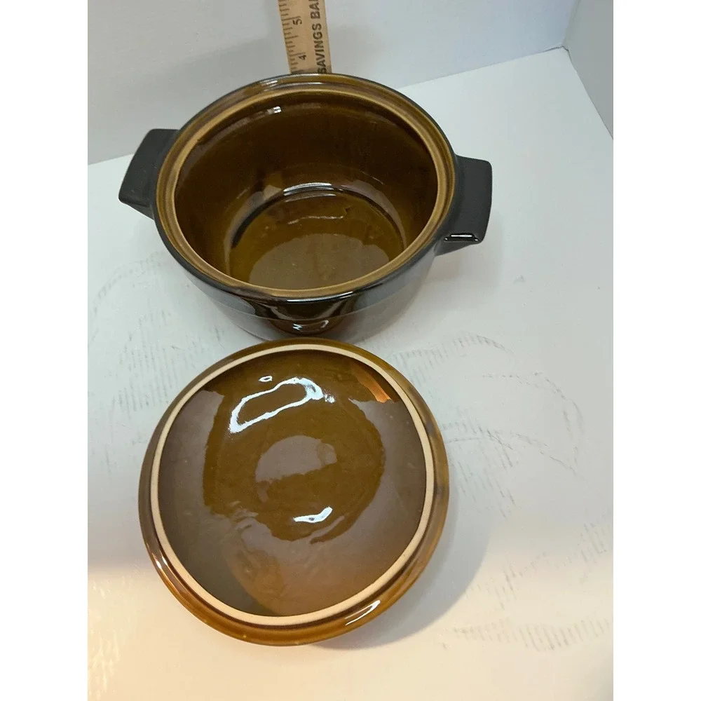Vintage Ceramic Casserole Bean Pot with Lid Brown Floral Oven Proof Stoneware